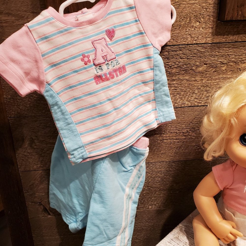 Baby Works Pink Blue Shorts Set 0-3M Embroidered EUC